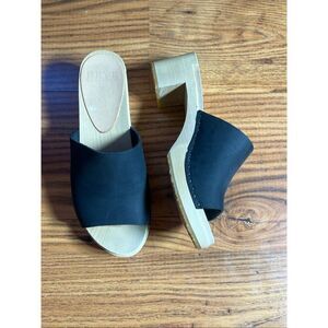 BRYR Black Leather Wood Base Y2K Slip On Clog Sandal Open‎ Toe Sz 5